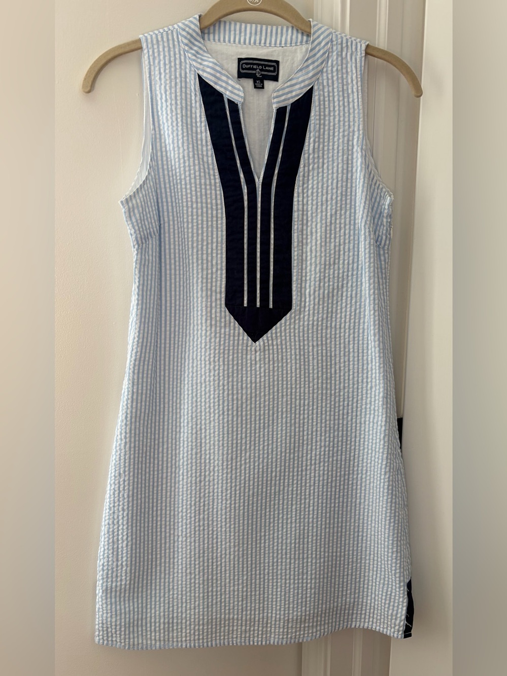 Duffield Lane Blue Stripe Seersucker Shift Dress with Navy Placket